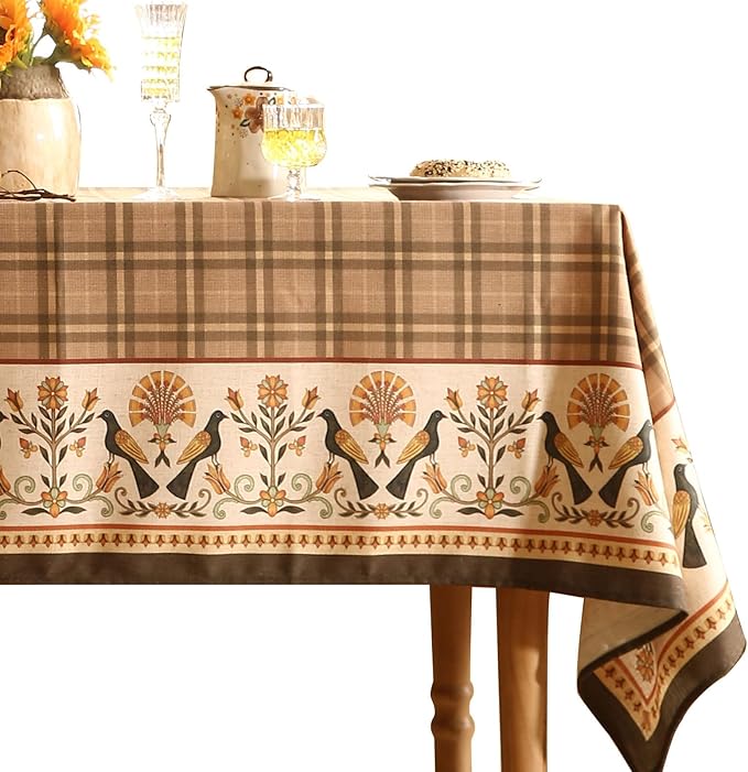 Vintage Brown Checkered Long Rectangle Tablecloth,Italian Floral Linen Wrinkle Resistant Table Cloth,Decor Table Cover for Kitchen,Dining,Thanksgiving,Christmas,63"*102"-Seville
