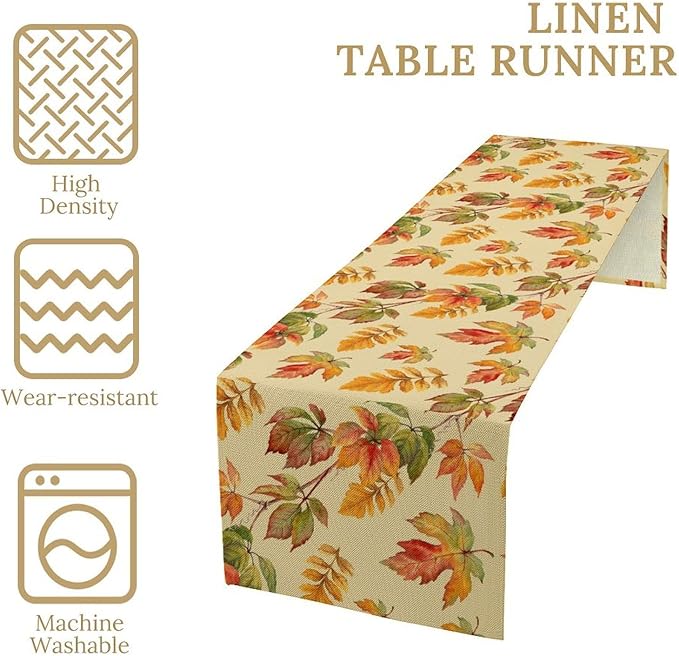 Fall Table Runner, Autumn Orange Yellow Maple Leaves Rustic Thanksgiving Farmhouse Table Cover for Kitchen Dinning Table Indoor Outdoor Party Decor, 13x70inch