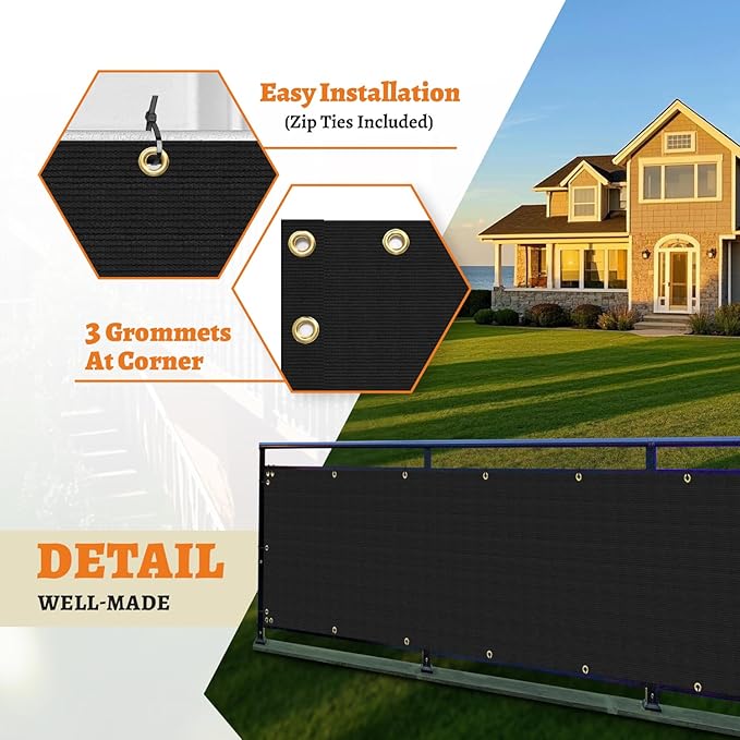 2.5' x 68' Balcony Privacy Screen Fence Cover with Zip Ties Grommets for Apartment Patio Porch Deck Backyard Outdoor (Black)