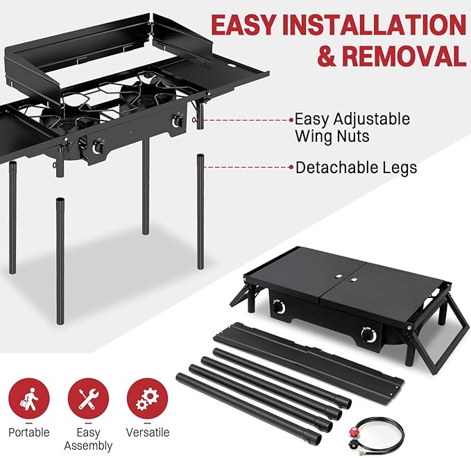 2 Burner Propane Camp Stove | 150,000 BTU Gas Burners | Side Shelves | Windscreen | Waterproof Cover | Detachable Legs | Ideal for Camping Backyard Outdoor Cooking