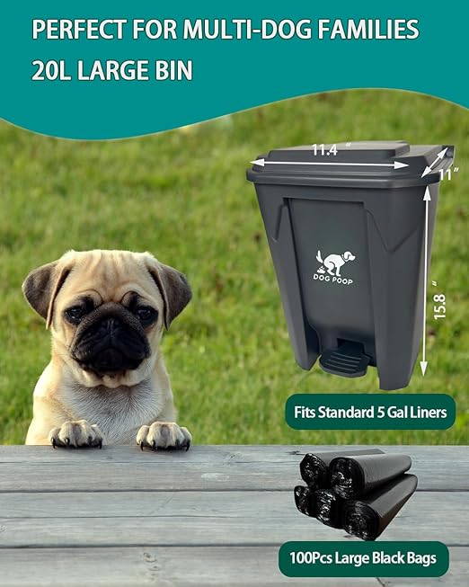 Large Dog Poop Trash Can Outdoor 20L / 5.3 Gallon with Metal Rake & Tray Set - Heavy Duty Stainless Steel Pooper Scooper & Waterproof Pet Waste Station for Large Dogs