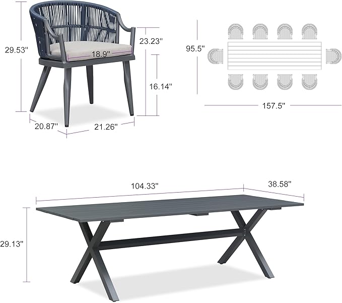 PURPLE LEAF Outdoor Dining Set for 8 with Storage Box All Weather Wicker Patio Dining Set with Rectangular Aluminum Table and Modern Armrest Dining Chairs for Garden Deck Backyard Kitchen, Grey