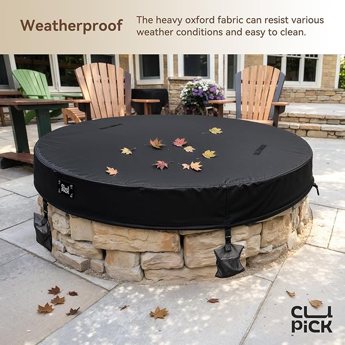Outdoor Fire Pit Cover,In Ground Firepit Covers Round with Sandbag,600D Heavy Duty Waterproof and Tear-Resistant,Windproof,Suitable for 61-66 Inch Round Built in Stone Firepits,Black