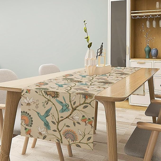 Floral Bird Table Runner,Vintage Boho Flower Birds Print William Morris Style Table Runner for Kitchen Dining Table Holiday Home Party Decor 13x60in