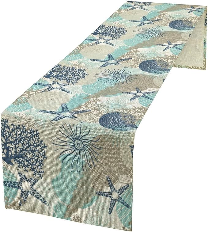 Marine Life Table Runner, Sea Underwater World Ocean Creature Table Runner for Dining Kitchen Party Holidays Home 13x36in