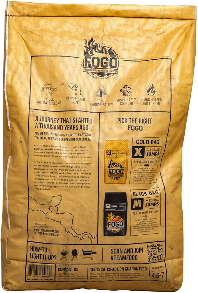 FOGO Premium Lump Charcoal 17.6 Pound Bag, Extra Large Sized Lump Charcoal for Low and Slow Barbecue, and Post Oak Wood Chunks 3.85 lb Bag