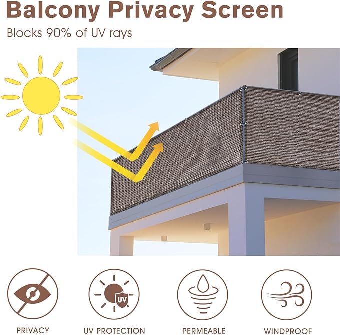Sunny Guard Customized 3.3'x6' Brown Balcony Privacy Screen,180 GSM Apartments Railing Fence Cover,Heavy Duty Mesh Windscreen for Deck,Outdoor,Backyard,Patio
