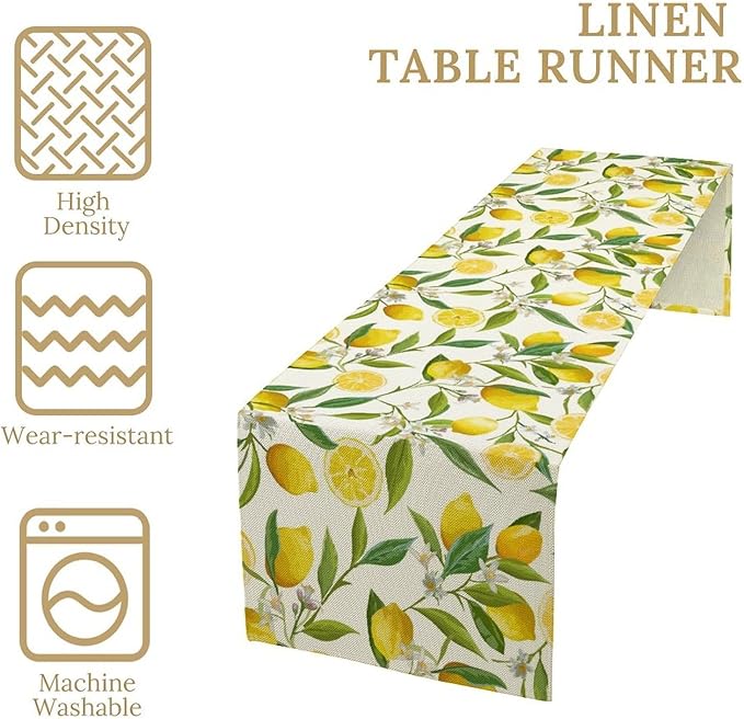 Lemon Table Runner, Summer Fruits Green Leaves Flower Plant Table Runner for Farmhouse Coffee Home Kitchen Dining Party Outdoor 13x60in