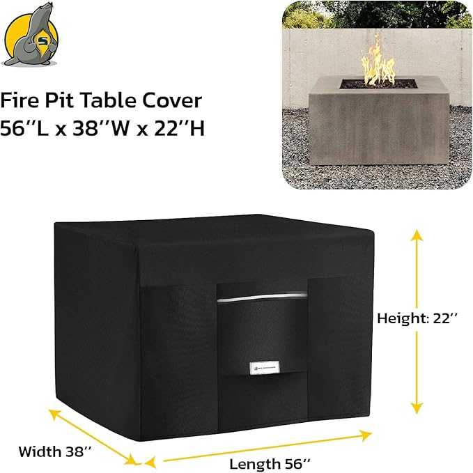 Seal Skin Covers Outdoor Fire Pit Cover – Rectangular 56"L x 38"W x 15"H, Heavy Duty Waterproof Fabric with PVC Coating, Windproof, Tear & Weather Resistant Fire Table Cover for Patio, Black