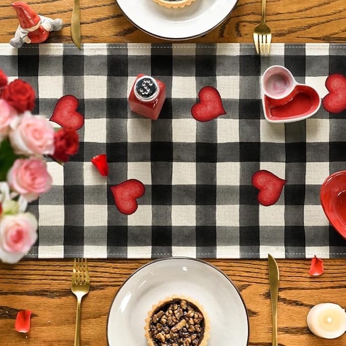 Artoid Mode Watercolor Buffalo Plaid Hearts Gnomes Love Valentine's Day Table Runner, Seasonal Anniversary Wedding Holiday Kitchen Dining Table Decoration for Indoor Outdoor Home Decor 13 x 72 Inch