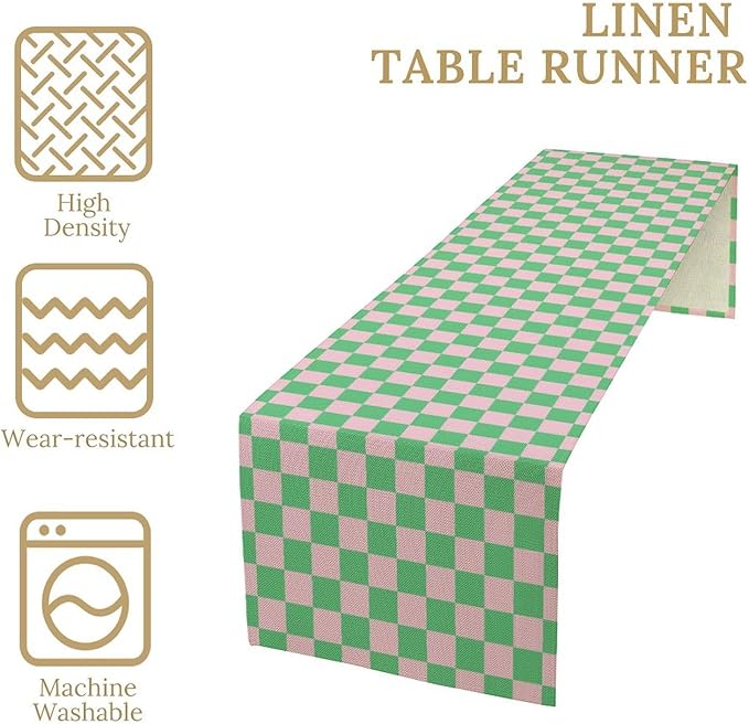 Retro Checkered Table Runner, Cute Pink Green Checkerboard Vintage Hippie Modern Aesthetic Table Runner for Party Kitchen Dining Home Outdoor Banquet 13x60in