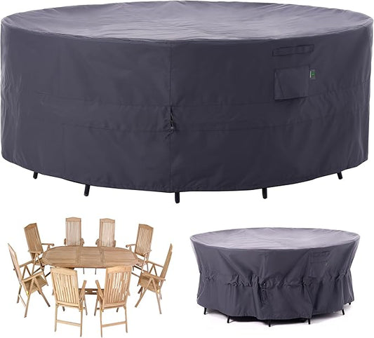 F&J Outdoors Patio Furniture Covers, Heavy Duty Tear Resistant Waterproof UV Resistant Windproof Outdoor Furniture Cover, Grey, 84" Dia x 31" H