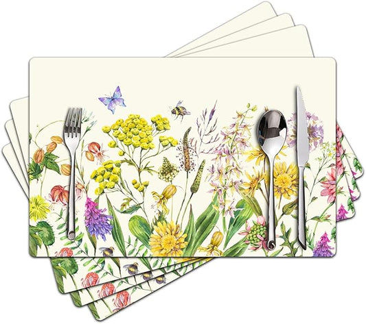 Flower Placemats Set of 4 - Floral Faux Leather Heat Resistant Placemats for Dinner Table, Non-Slip Waterproof Oil-Proof Washable Reusable Placemat for Indoor Outdoor Kitchen Decor, 15.75In*11.81In