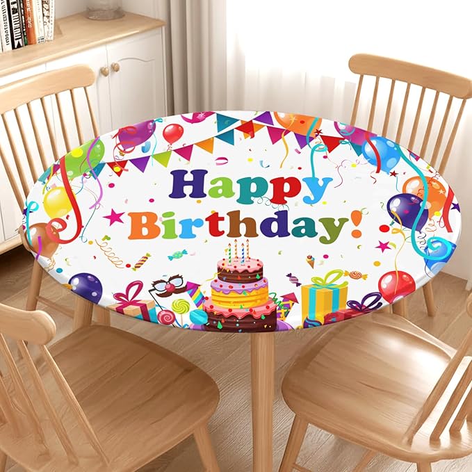 Birthday Round Fitted Tablecloth with Elastic Colorful Happy Birthday Party Circle Table Cover for 36-40" Round Tables Wipeable Waterproof Cake Balloons Gifts Table Cloth for Picnic Dining Patio Decor