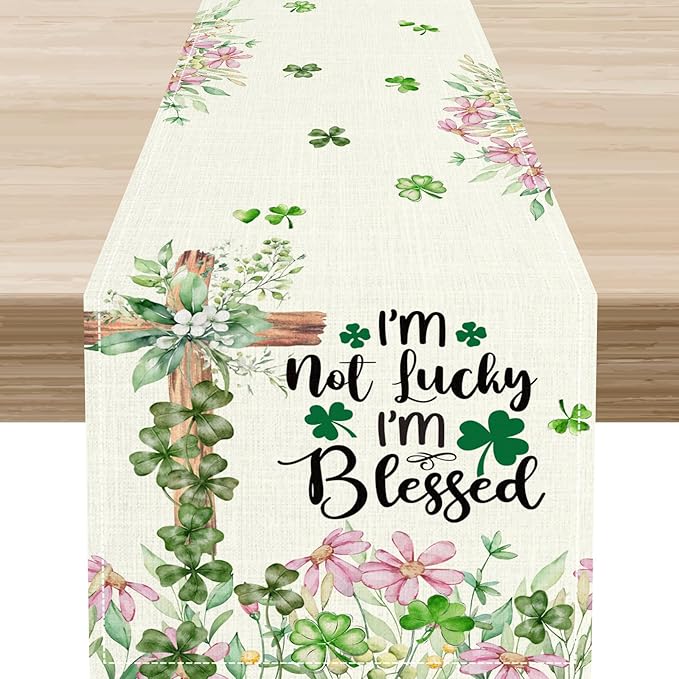 Cross Clover Table Runner,Rustic Beige Pink Floral Green Shamrock St.Patrick's Day Table Center Decor for Home Kitchen Dining Patio Holiday Party Indoor Decorations, 13"x36"