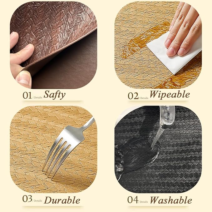 PIGCHCY Waterproof PVC Place Mats Set of 6, Non-Slip Faux Leather Placemats Rattan Pattern Surface Table Mats for Wedding/Birthday Party/Kitchen (18"x12", Black)