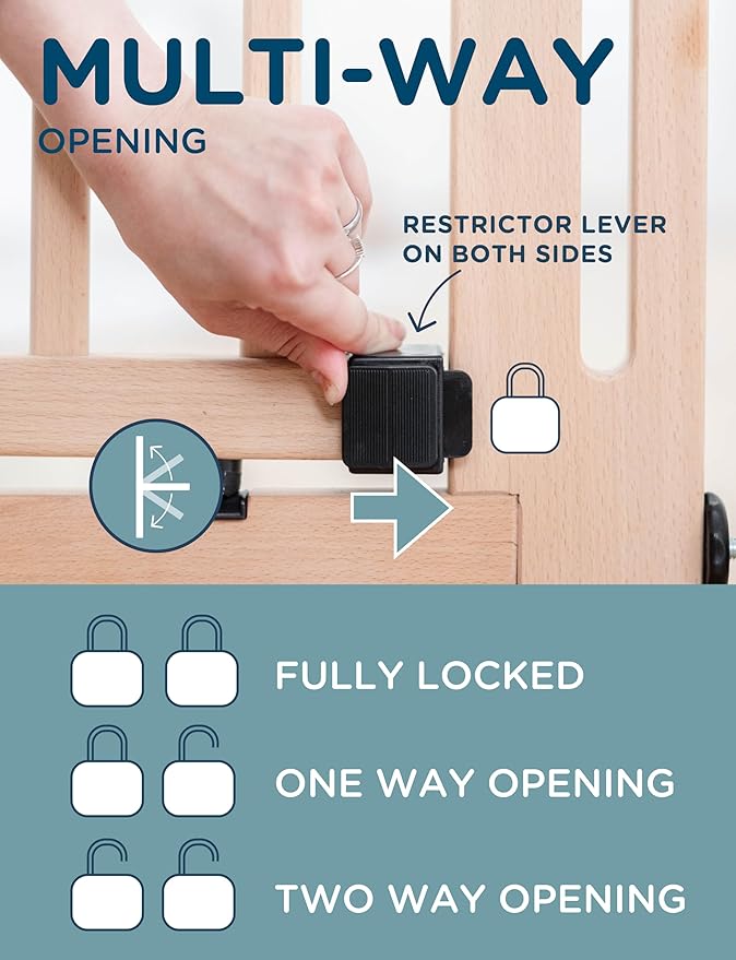 SizeWise™ Wood Pressure Mounted Safety Gate 34.25"-38.18" | Extra-Wide Passage | Auto-Close Two-Way Opening for Doorways and Hallways | Easy Installation | PEFC Certified Beech Wood (28.7" Passage)