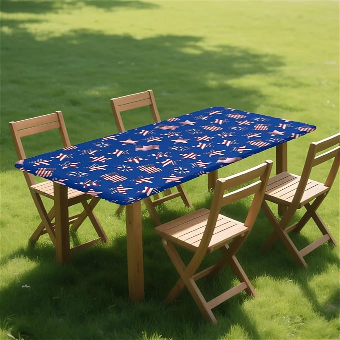 Rectangle Table Cloth Cover Waterproof Elastic Fitted Polyester Fitted Tablecloths for 6 Foot Tables for Indoor,Picnic, Camping, Outdoor （60" x 30"，American Flag）