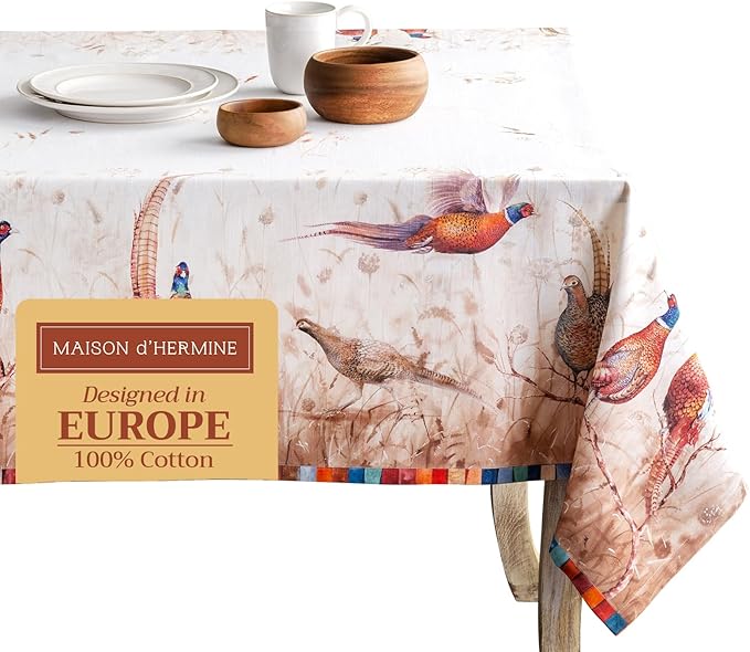 Maison d' Hermine Table Cloth Rectangle Table 100% Cotton 60 x 108 Inches Fall Tablecloth Reusable Everyday Use for Thanksgiving Christmas Decorations Dining Farmhouse Party (Faisan D'Automne)
