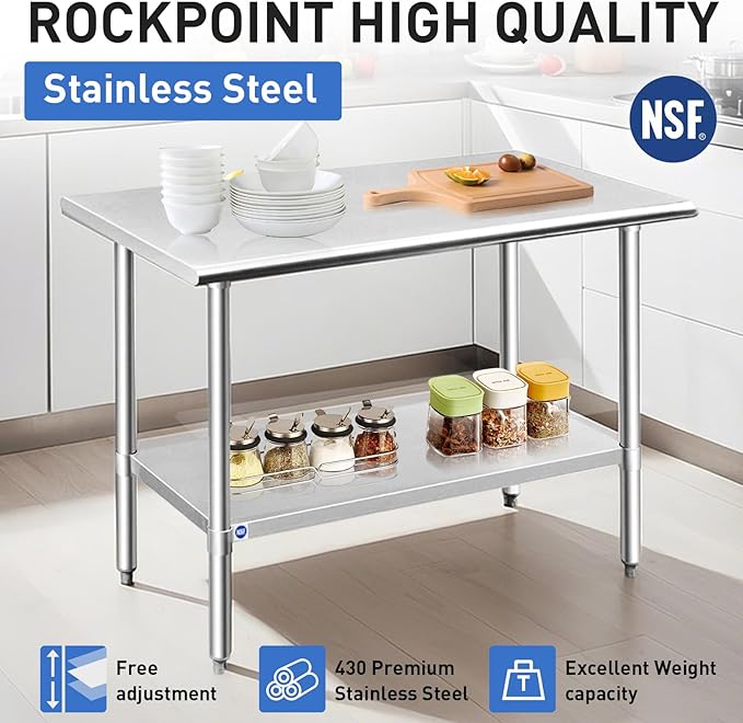 ROCKPOINT Stainless Steel Table for Prep & Work 30x30 Inches, NSF Metal Commercial Kitchen Heavy Duty Table with Adjustable Under Shelf and Table Foot for Restaurant, Home and Hotel