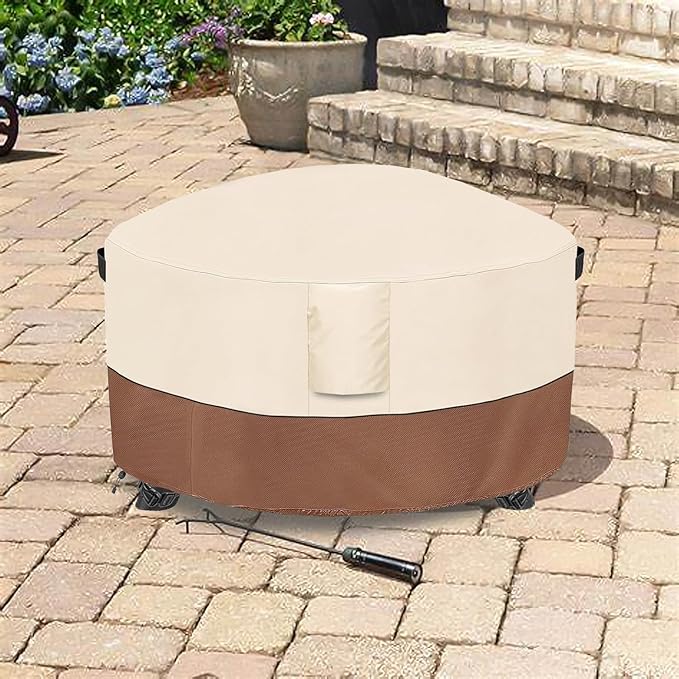 Fire Pit Cover,Outdoor Heavy Duty 600D 100% Waterproof Fire Pit Cover Round,Weatherproof Firepit Covers Round 54" Dia x 24" H,Beige & Brown