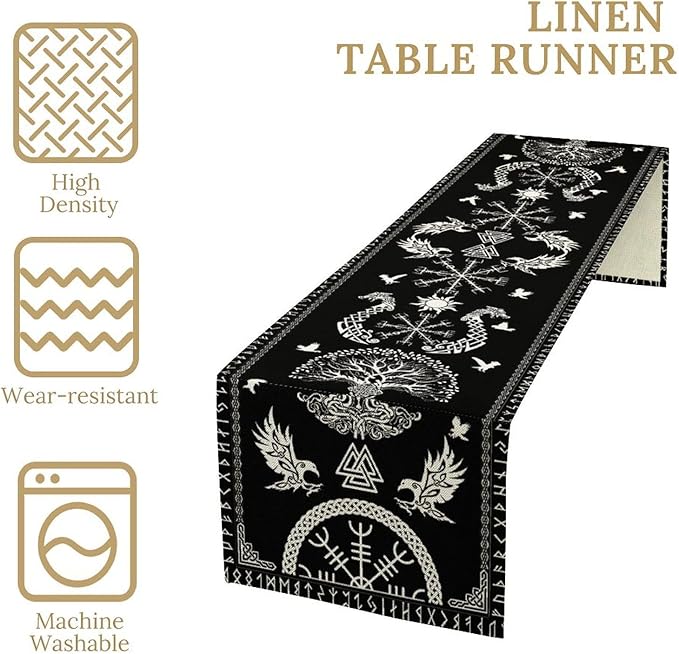 Viking Table Runner, Black Viking Tree of Life Raven Helmet of Awe Table Runner for Kitchen Dining Home Party 13x36in
