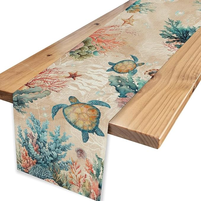 Retro Sea Turtle Table Runner, Nautical Starfish Underwater Coral Seashell Coastal Ocean Seasonal Coffee Table Center Decor for Home Kitchen Dining Patio Holiday Party Table Decorations 13"x72"
