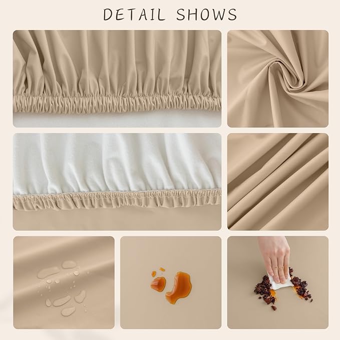 Round Fitted PU Tablecloth with High Elastic Edge 63 Inch Dia Waterproof Oil Proof Table Cloth Anti-Scald Stain-Resistant Wipeable Table Cover for Indoor Outdoor Picnic (Beige,63" Dia)