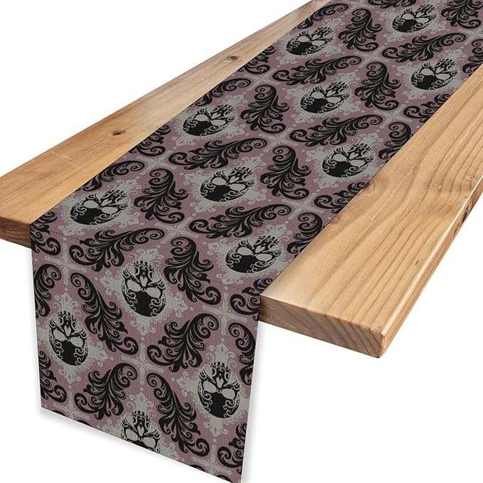 Goth Table Runner, Antique Gothic Damask Skull Baroque Style Floral Halloween Exotic Purple Coffee Vintage Table Center Decor for Kitchen and Dining Outdoor Country Party Table Decorations, 13"x72"