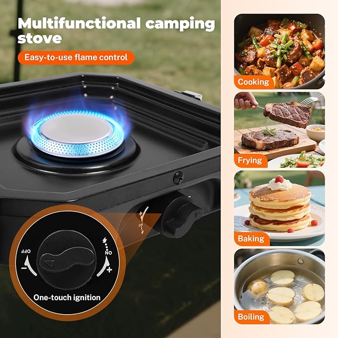 2 Burner Propane Camping Stove With Grill,Portable Foldable Camp Stove With 17000BTU, Two Piezo Ignition Adjustable Windproof Burners forCamping, Grilling, Tailgating, & More (Black)