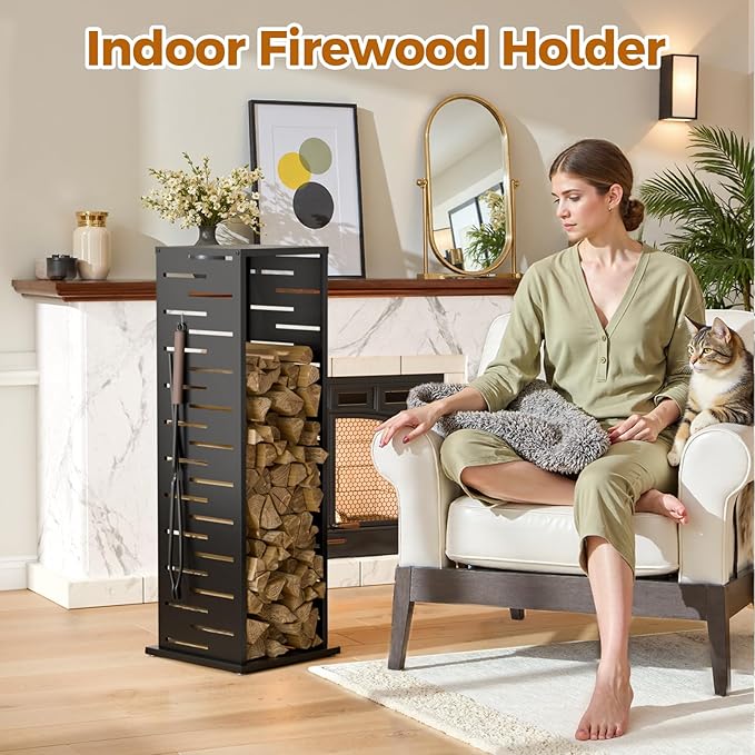 4ft Firewood Rack with Louver Pattern, Fire Wood Rack Log Holder with Hooks Adjustable Feet, Firewood Storage for Outdoor Indoor Fire Pits Fireplace Patio Balcony Black