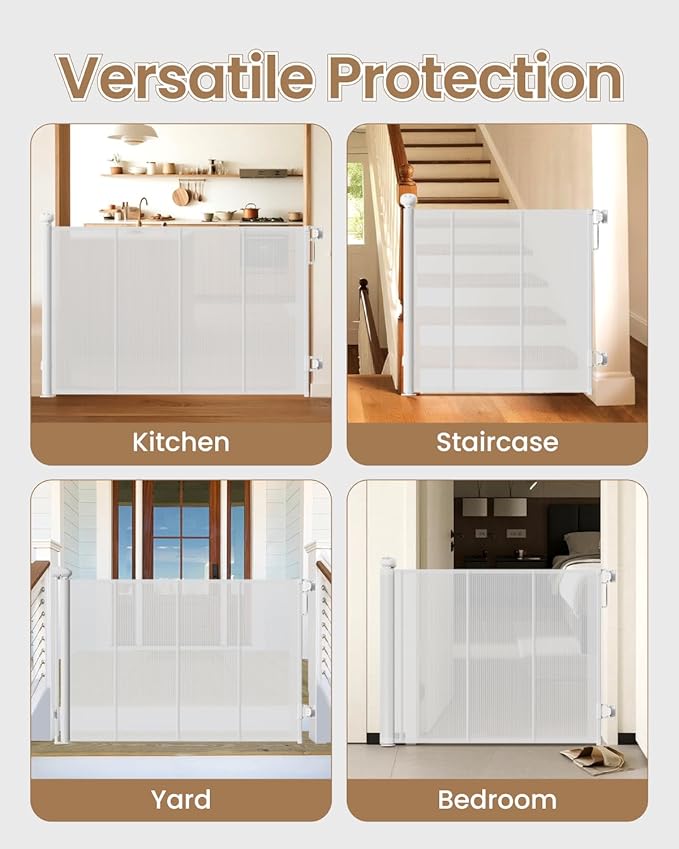 Retractable Baby Gate, 55" Wide Mesh Gate with 4 Reinforced Rods, Prevents Kids & Dogs from Crawling Under, 34" Tall Easy-to-Use Pet Gate for Stairs, Bedrooms, Hallways, Indoor/Outdoor, White