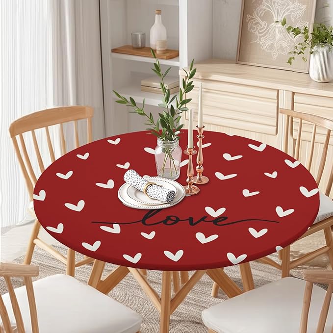 Valentines Day Round Fitted Tablecloth with Elastic Red White Love Heart Circle Table Cloth for 48-52" Round Tables Stretch Waterproof Washable Valentine Table Cover for Picnic Dining Party Decor