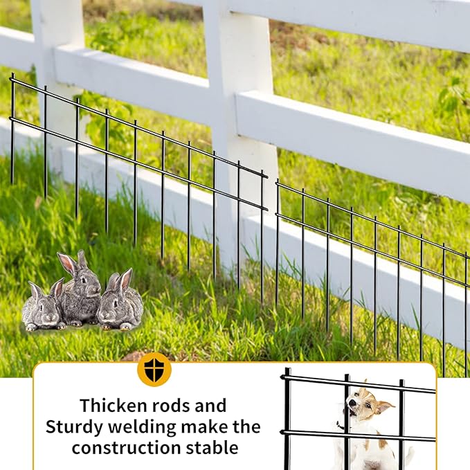 Adavin Small or Medium Animal Barrier Fence 10 Pack 20 in(L) X 10 in(H) Underground Decorative Garden Fencing, Dog Rabbits Fences Black Metal Fence Panel Ground Stakes for Outdoor Patio. Total 17 Ft