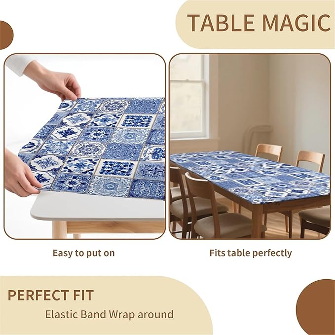 Rectangle Table Cloth Cover Waterproof Elastic Fitted Polyester Fitted Tablecloths for 6 Foot Tables for Indoor,Picnic, Camping, Outdoor （60" x 30"，Bohemia）