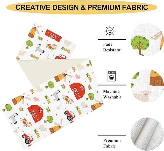 Farm Animals Table Runner, Rustic Farmhouse Cow Pig Rooster Watercolor Coffee Table Center Decor for Home Kitchen Dining Patio Holiday Party Indoor Outdoor Table Decorations, 13"x90" Inch