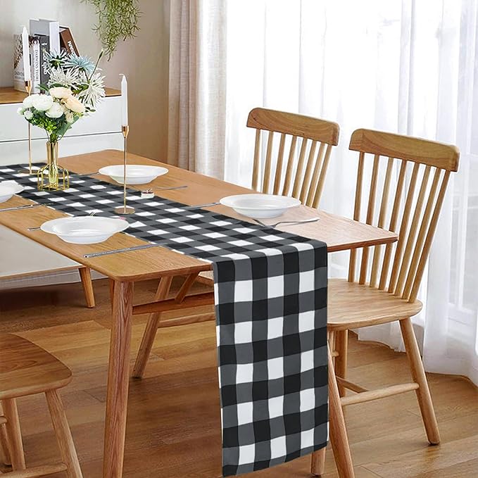Fabric Checkered Table Runner 6 Pack Waterproof Gingham Table Runner 14W x 108L Buffalo Check Table Runners for Parties Kitchen Dining Wedding Banquet (Black and White)