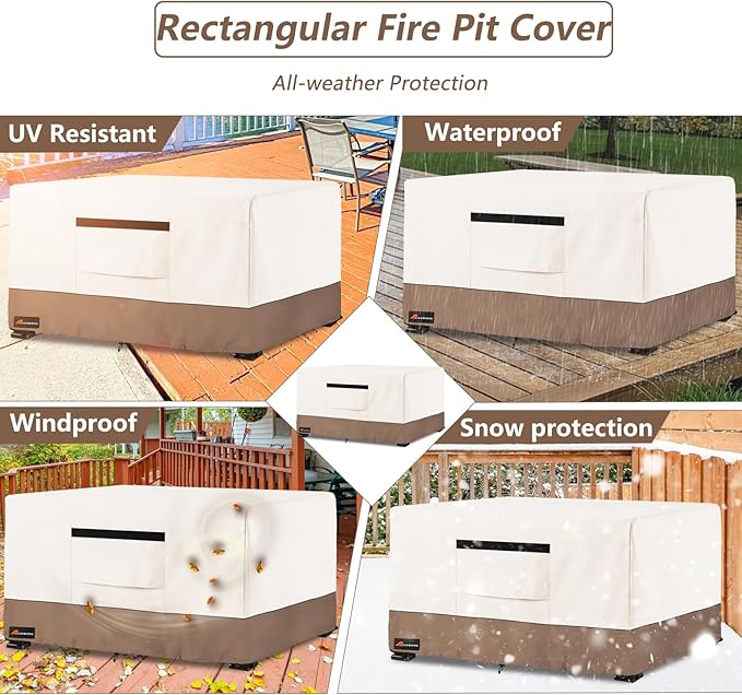 Fire Pit Cover Rectangular, Outdoor Heavy Duty 600D Tear-Resistant 100% Waterproof 48 Inch Fire Table Cover Rectangle, Patio Weatherproof Rectangular Fire Table Protector, Beige 48" L x 28" W x 24" H