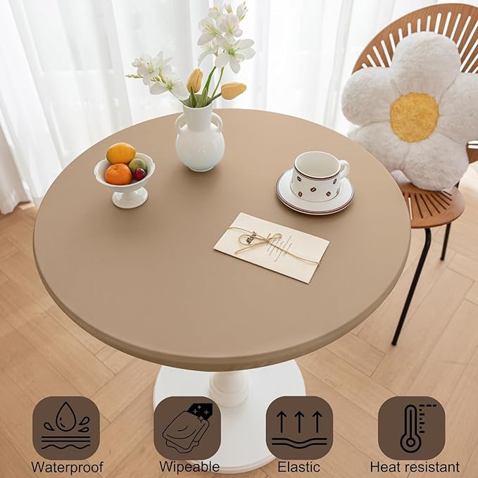 Round Fitted PU Tablecloth with High Elastic Edge 43 Inch Dia Waterproof Oil Proof Table Cloth Anti-scald Stain-Resistant Wipeable Table Cover for Indoor Outdoor Picnic (Cream Coffee,43"Dia)
