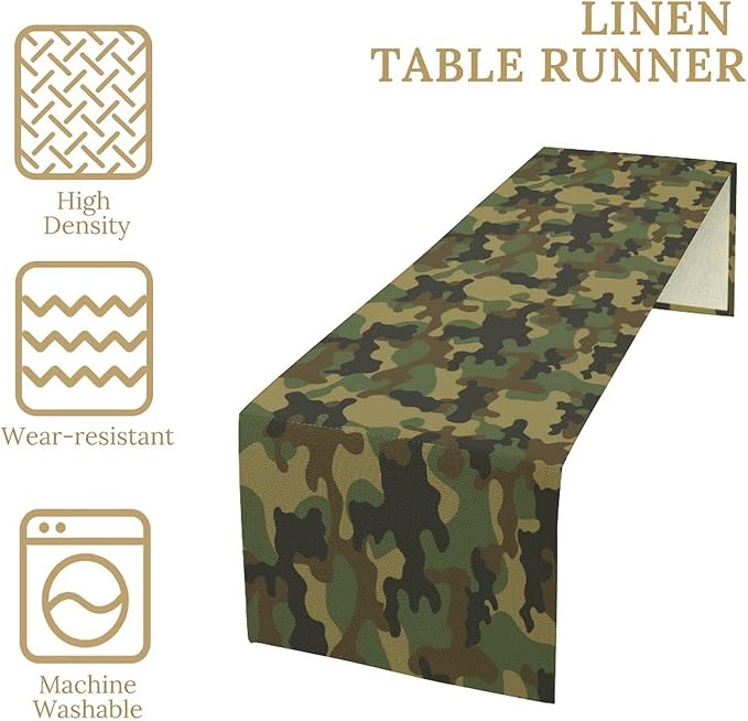 Camo Table Runner, Military Camouflage Coast Guard Force Soldier Hunting Themed Table Runner for Holiday Birthday Party Home Kitchen 13x60in