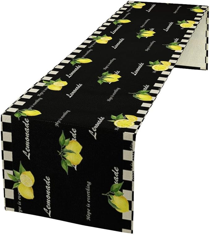 Lemon Table Runner,White Black Buffalo Plaid Watercolor Summer Fruit Print Table Runner for Kitchen Dining Table Indoor Outdoor Home Party Decor 13x120in