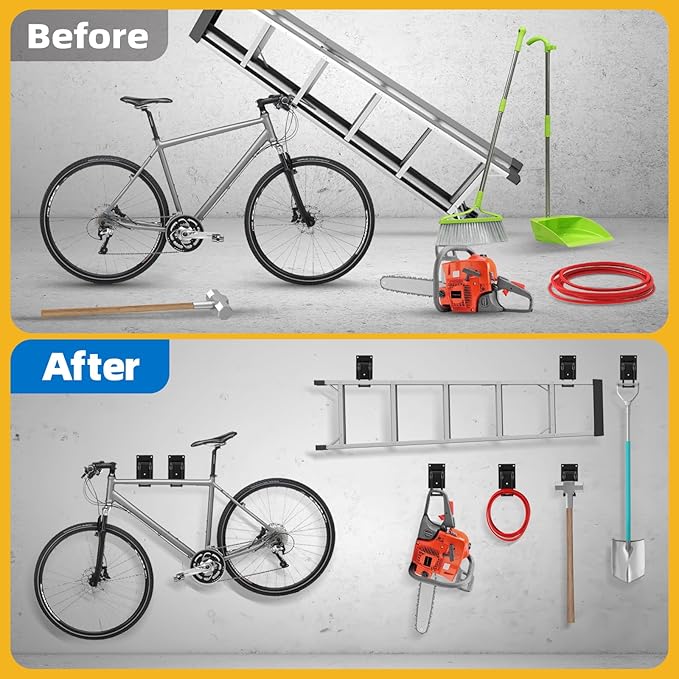 4 Pack Garage Hooks Heavy Duty 10 INCH Double-Layer Steel Shed Wall Mount Workshop Garage Storage Organizer Hooks for Hanging Garden Tool, Hose, Ladder, Chairs, Bikes with Anti-Slip Coating