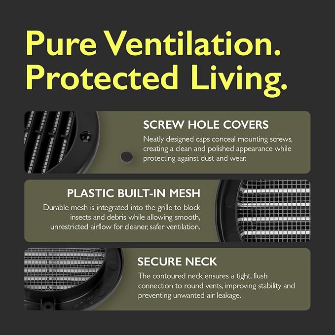 4 Inch [Opening] Black Air Vent Cover – Pack of 5 – Plastic Round Air Vent Grill Cover for Wall or Ceiling, Built-in Mesh Screen/HVAC Return Air Register – Modern Louvered Design