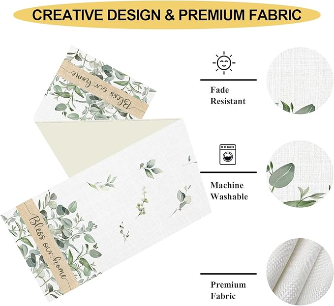 Farmhouse Table Runner, Green Eucalyptus Spring Summer Seasonal Plants Rustic Country Cafe Coffee Table Center Decor for Home Kitchen Dining Patio Indoor Outdoor Table Decorations, 13"x36" Inch