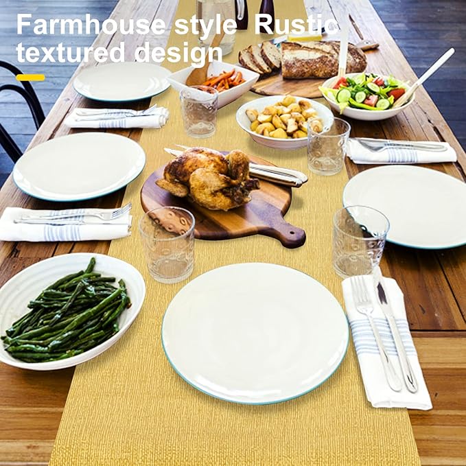 Waterproof Wipeable Farmhouse Table Runner for Kitchen, Dining Room, Bedroom, Living Room, Indoor and Outdoor (108'', Mustard Yellow)