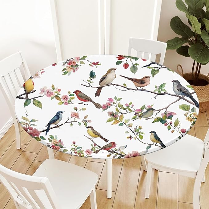Spring Summer Round Fitted Tablecloth with Elastic Edge Bird Floral Easter Circle Table Cloth for 36-40" Round Tables Wipeable Waterproof Hummingbird Flower Table Cover for Outdoor Picnic Dining Decor