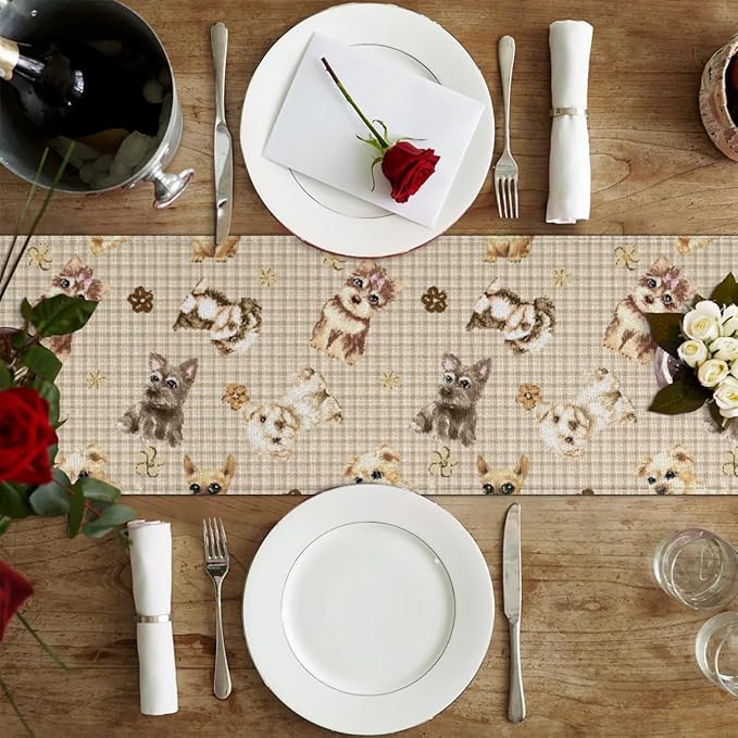 Cute Puppy Table Runner Kitchen Dining Table Runner 13*48in Table Center Decor for Indoor Outdoor Home Holiday Party