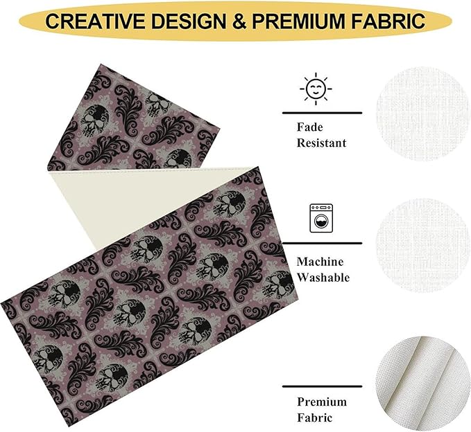 Goth Table Runner, Antique Gothic Damask Skull Baroque Style Floral Halloween Exotic Purple Coffee Vintage Table Center Decor for Kitchen and Dining Outdoor Country Party Table Decorations, 13"x36"