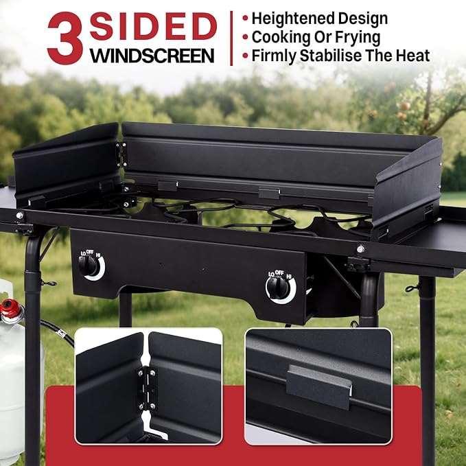 2 Burner Propane Camp Stove | 150,000 BTU Gas Burners | Side Shelves | Windscreen | Waterproof Cover | Detachable Legs | Ideal for Camping Backyard Outdoor Cooking