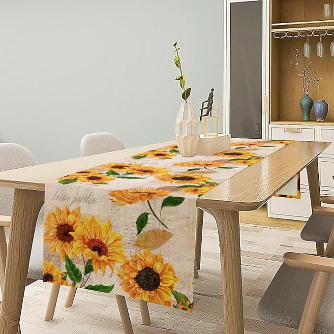 Sunflower Table Runner, Rustic Old Paper Seasonal Table Runner Farmhouse Kitchen Home Party Dining Room 13x60in
